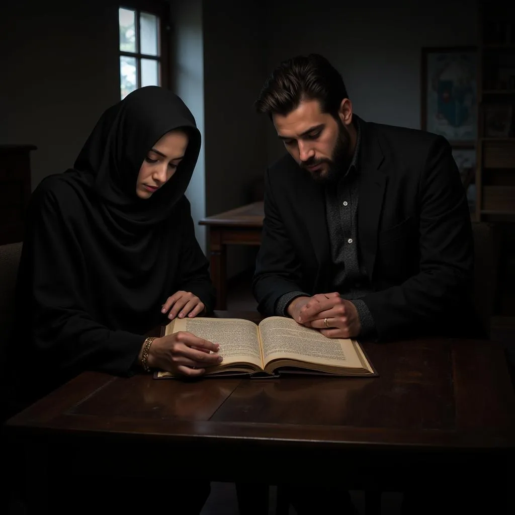 Two halal researchers, a man and a woman dressed in traditional attire, carefully study ancient Islamic texts