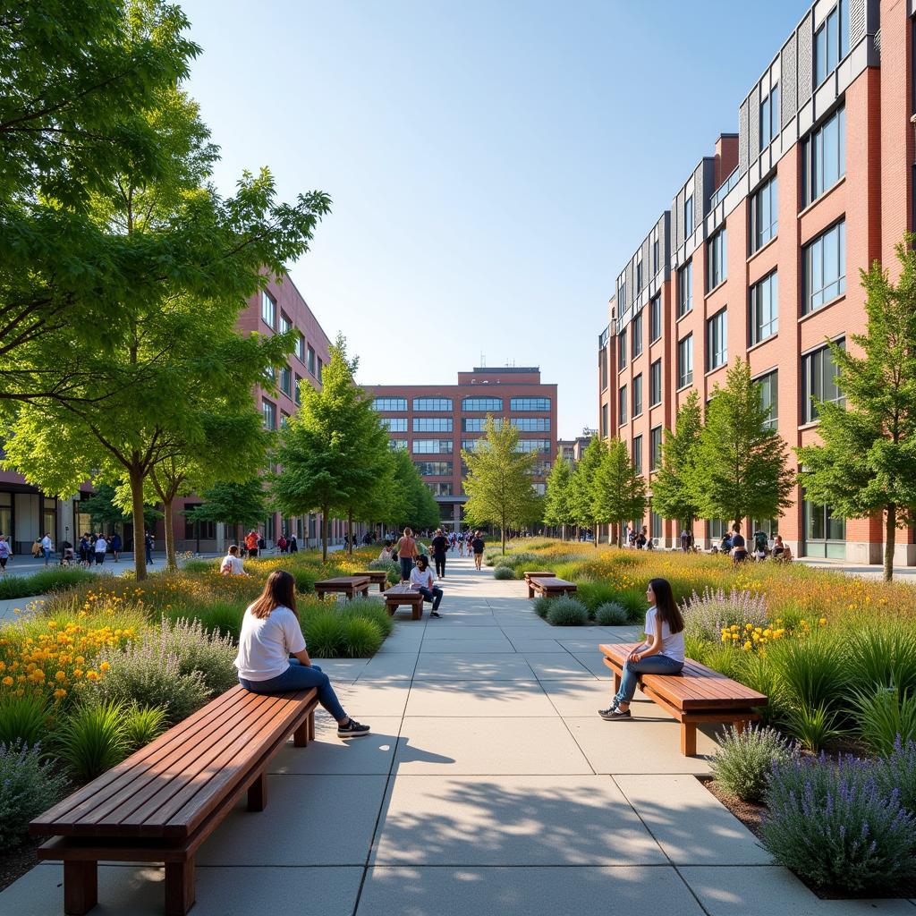 Open public space with people walking and benches