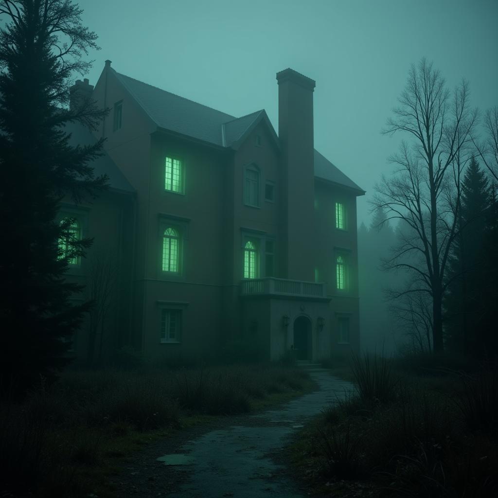 abandoned research facility with glowing windows and eerie fog