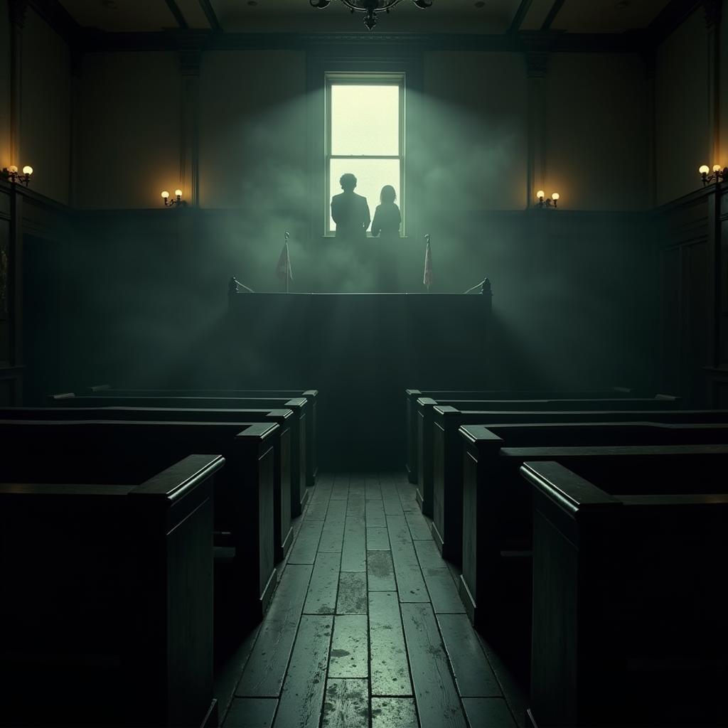 Eerie image of an empty courtroom in Texas with shadowy figures in the background