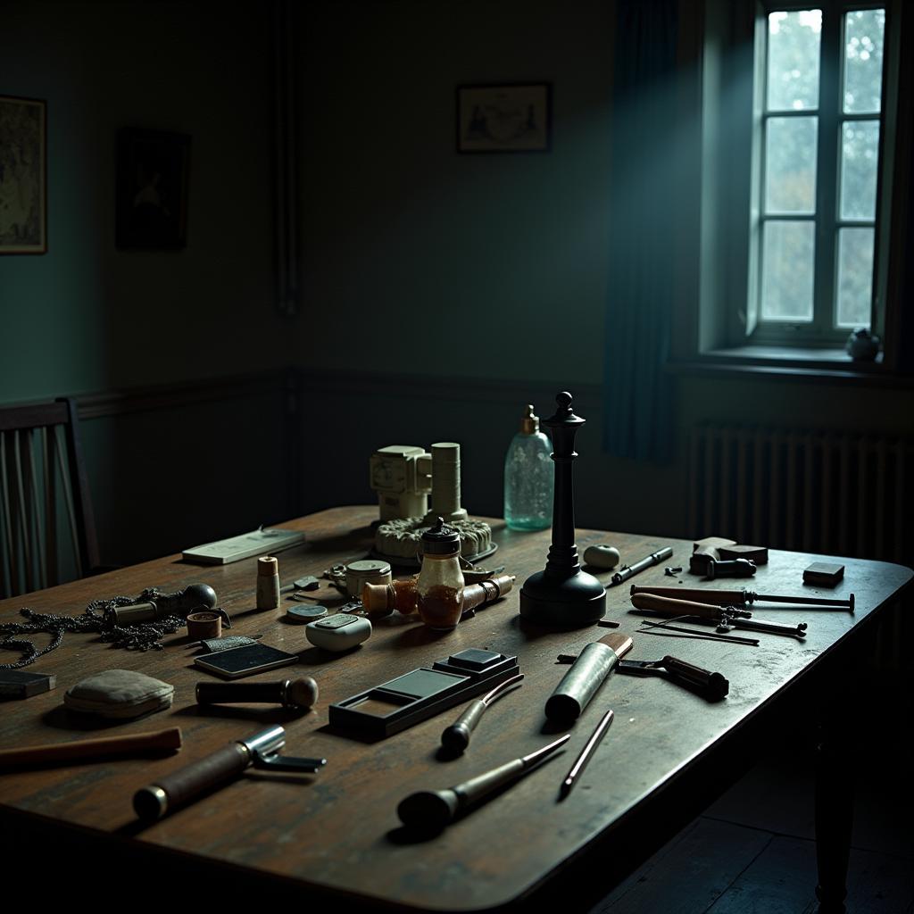 Paranormal investigation tools and equipment spread out on a table, with a dimly lit room in the background