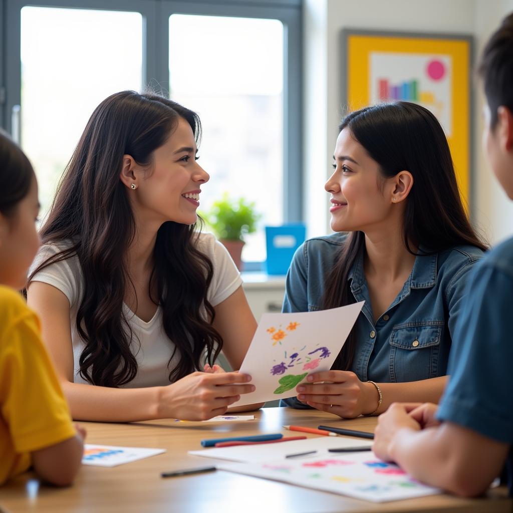 Parent and teacher discussing a child's progress at Heritage Preschool