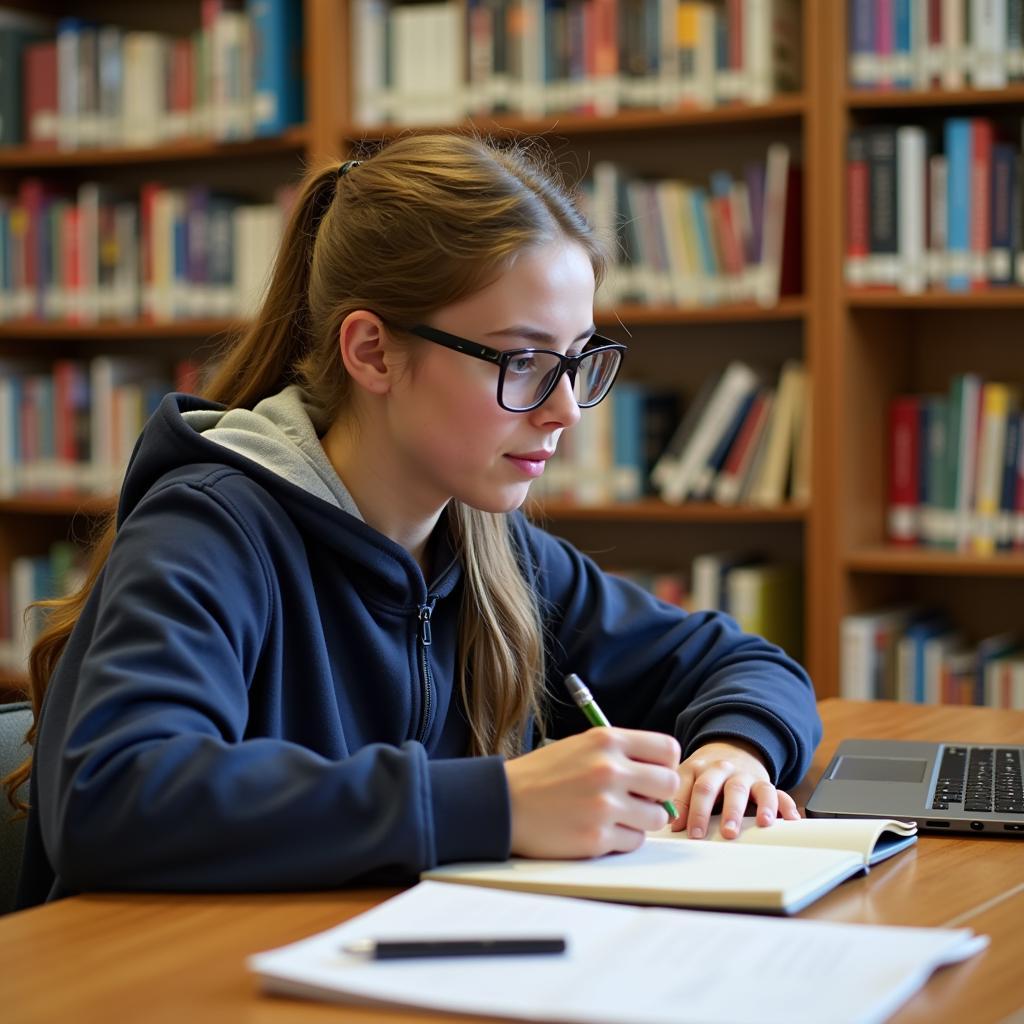 High school student researching in a library