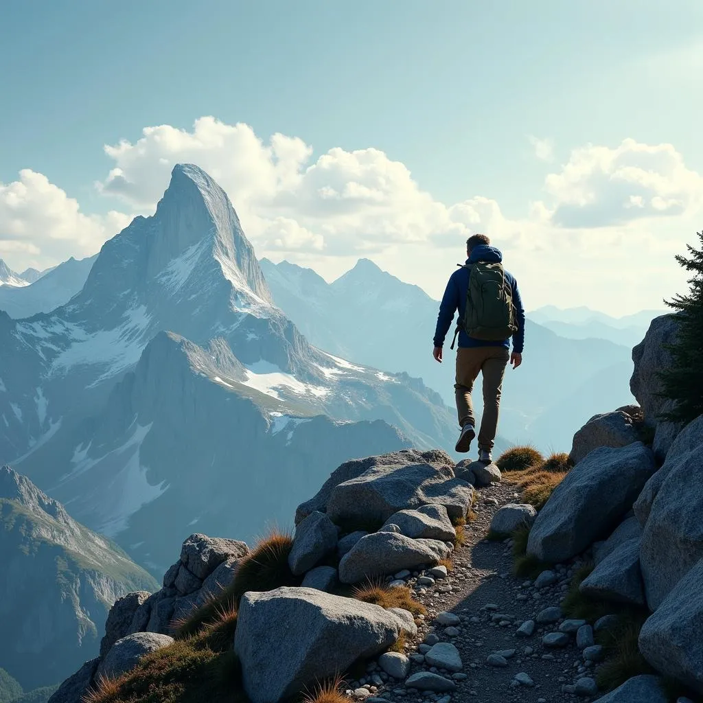 Hiker Reaching Mountain Summit