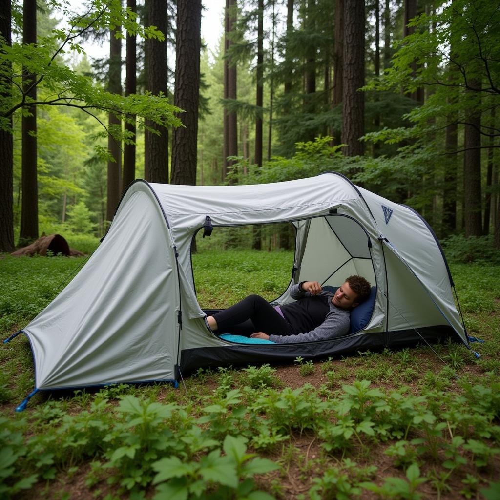 Hiker using the Outdoor Research Molecule Bivy Long in a forest setting