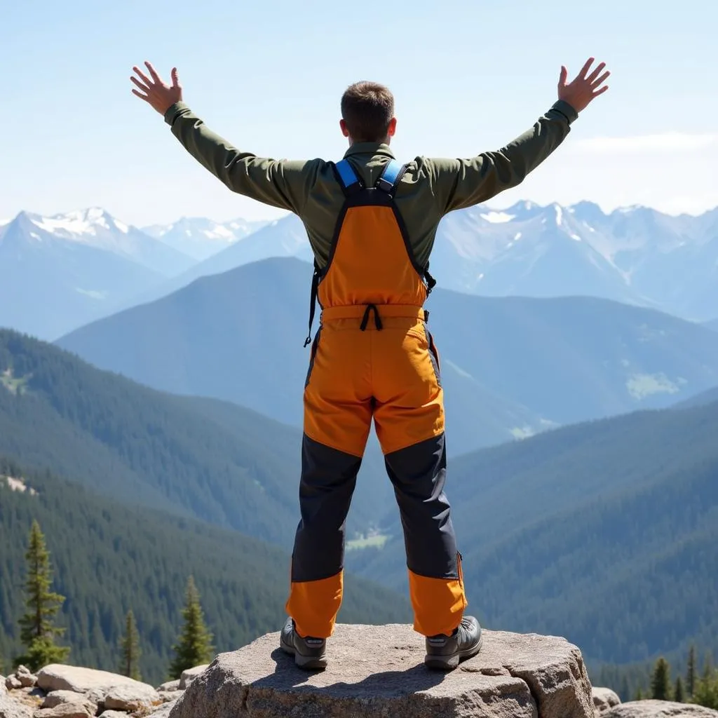 Hiker Wearing Outdoor Research Carbide Bibs on Mountain Summit