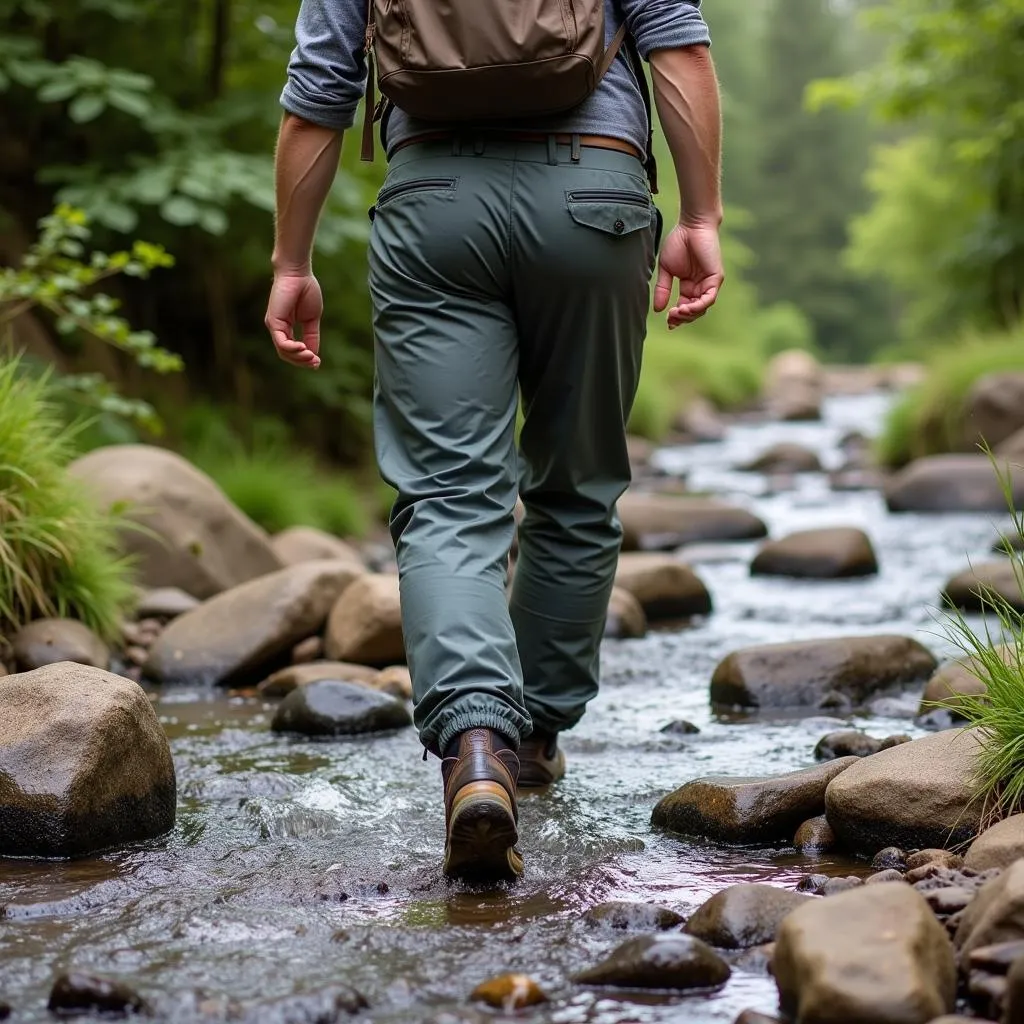 Hiker wearing Outdoor Research rain pants crossing a stream