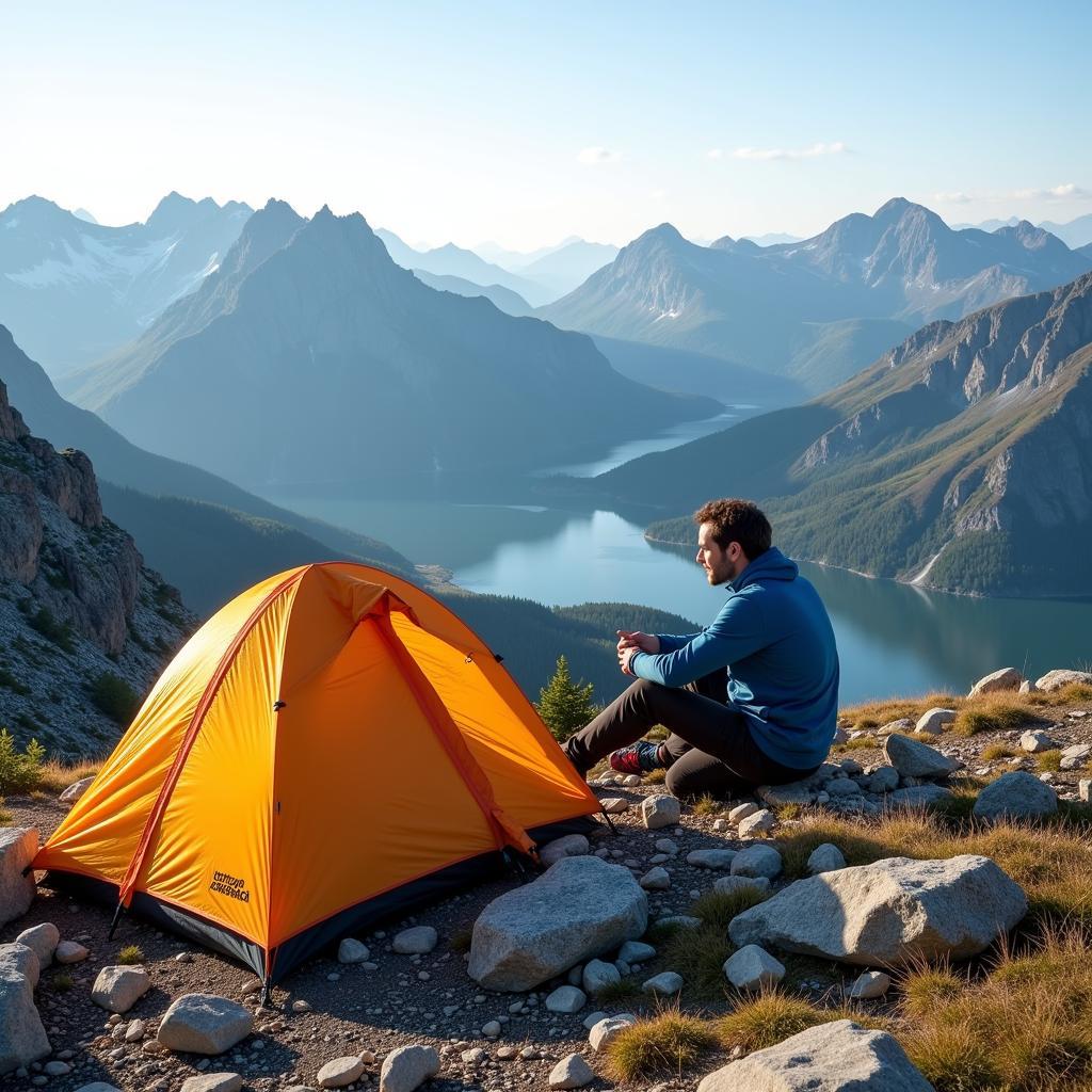 Backpacker with Helium Bivy in the Mountains