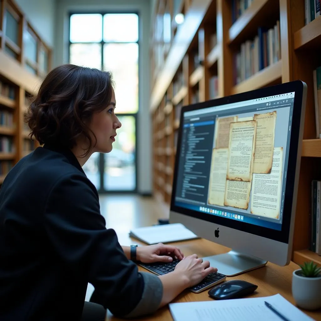 A historian sits at a computer in a modern research center, accessing digitized historical documents