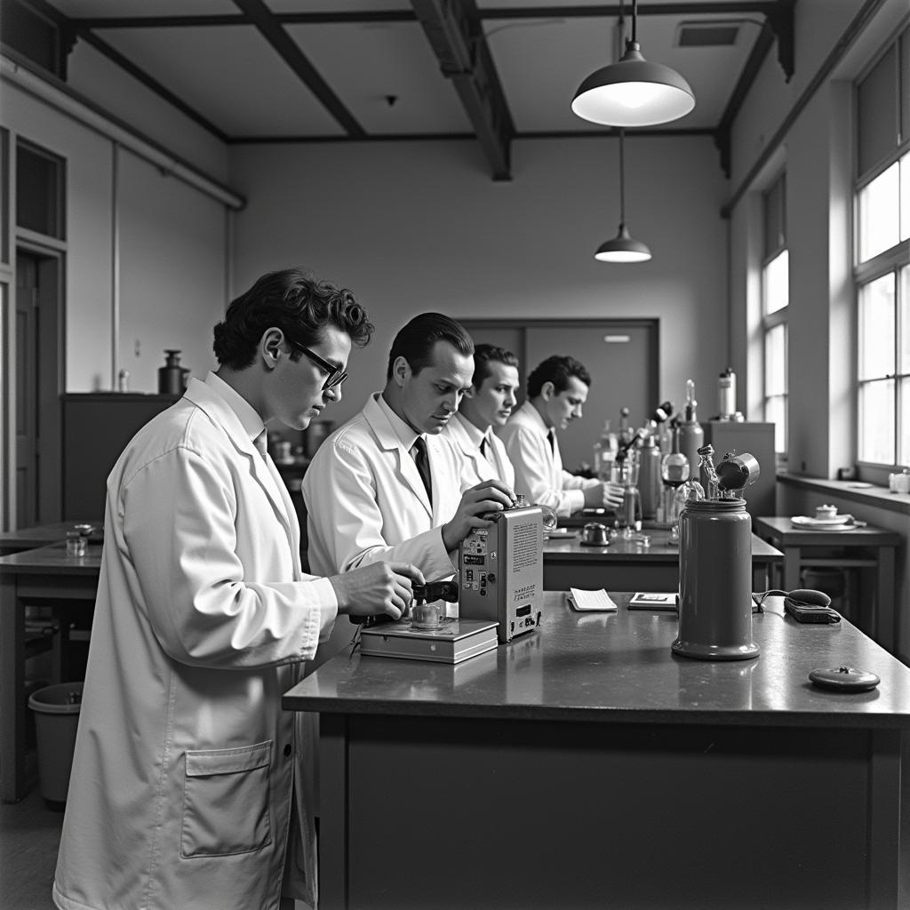 Old black and white photograph showing researchers working in a laboratory