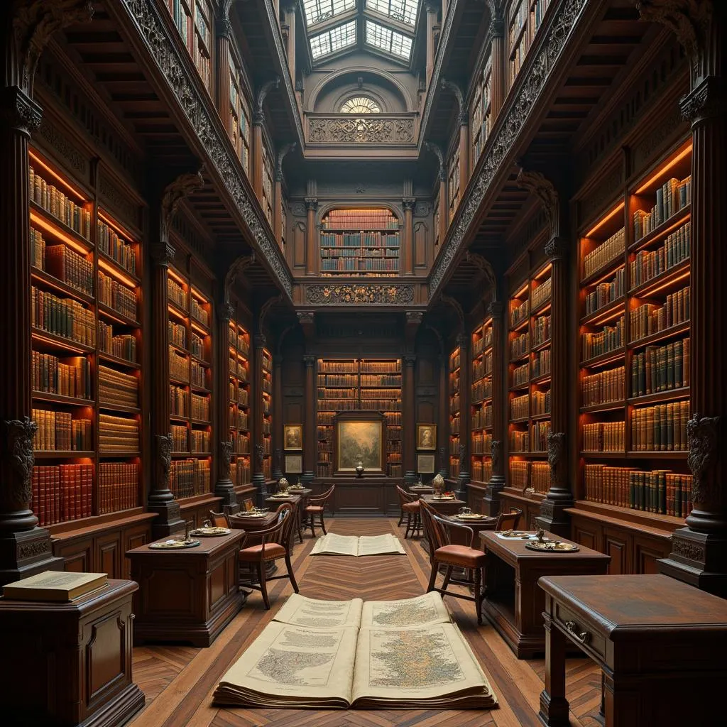 A vast library archive filled with historical documents