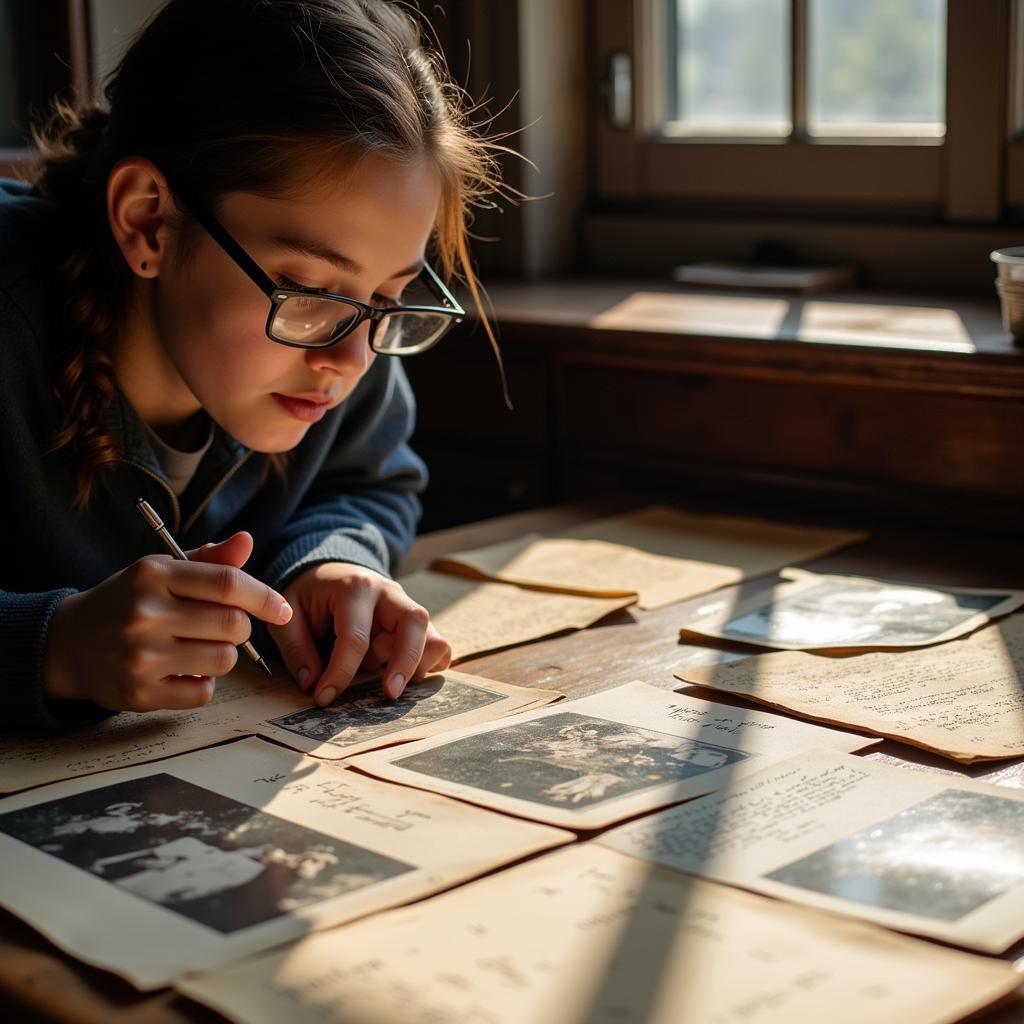 High school student analyzing historical documents