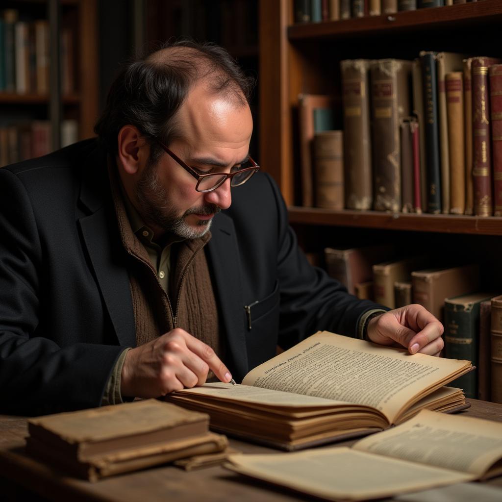 A historical researcher carefully examines old documents in an archive.