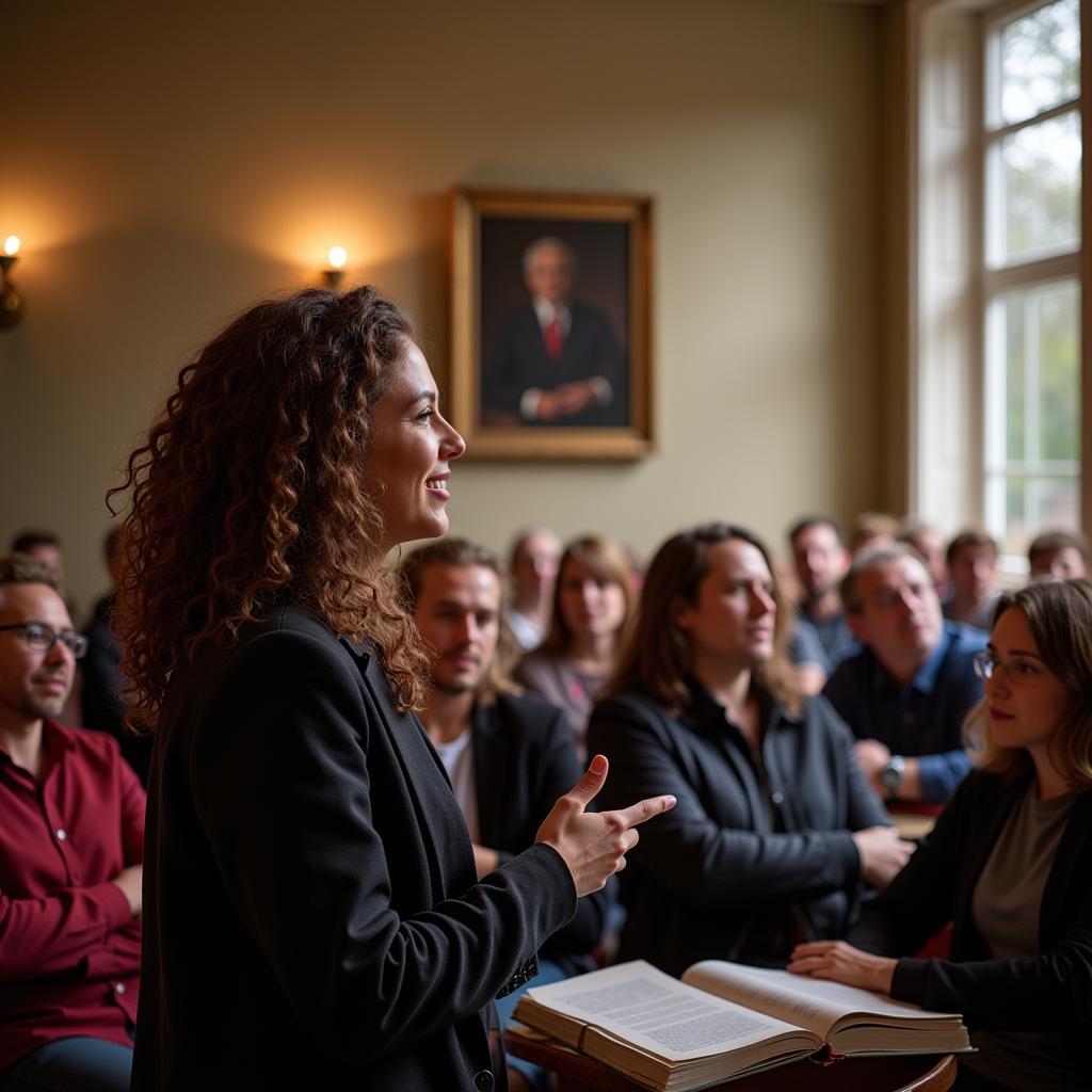 A historical researcher passionately presents their findings to an engaged audience.