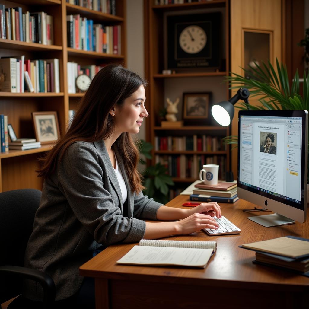 History Research Assistant Analyzing Data on Computer