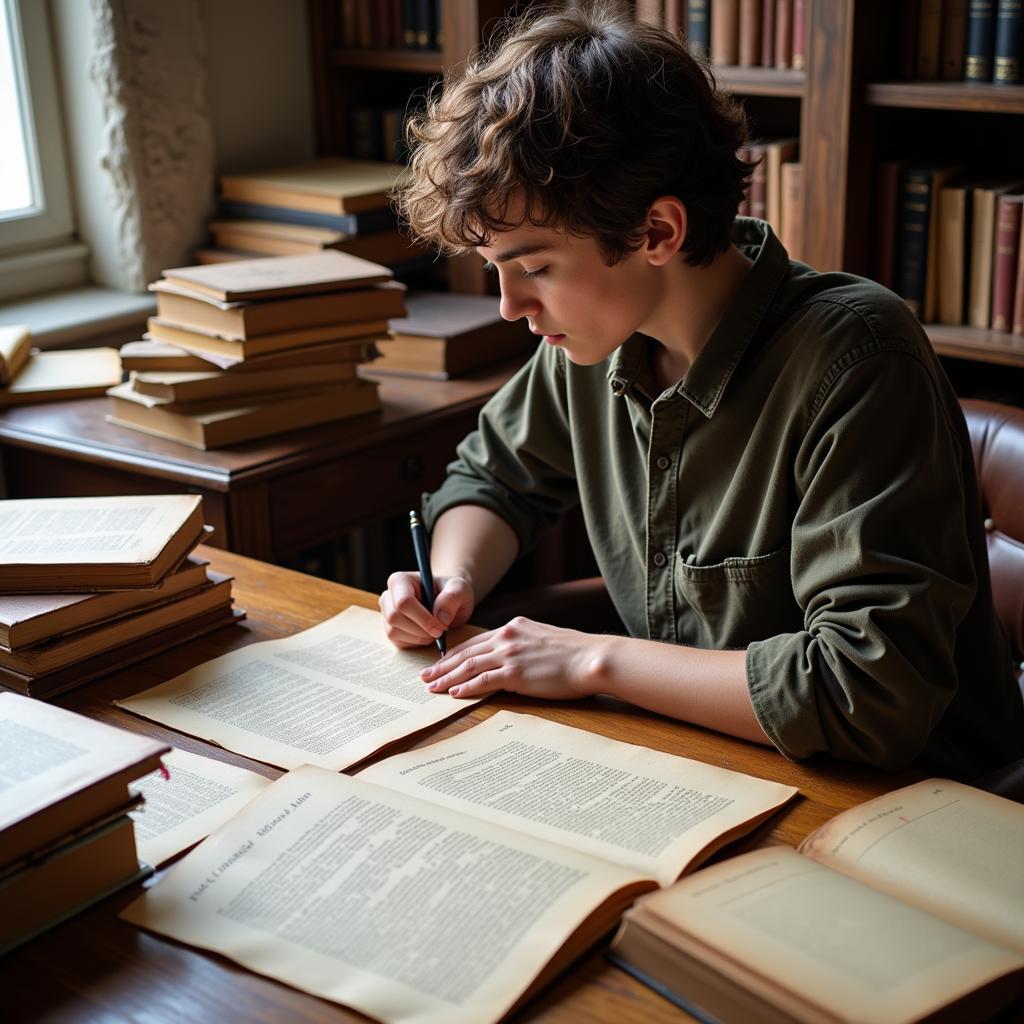 Student reviewing historical documents for research paper