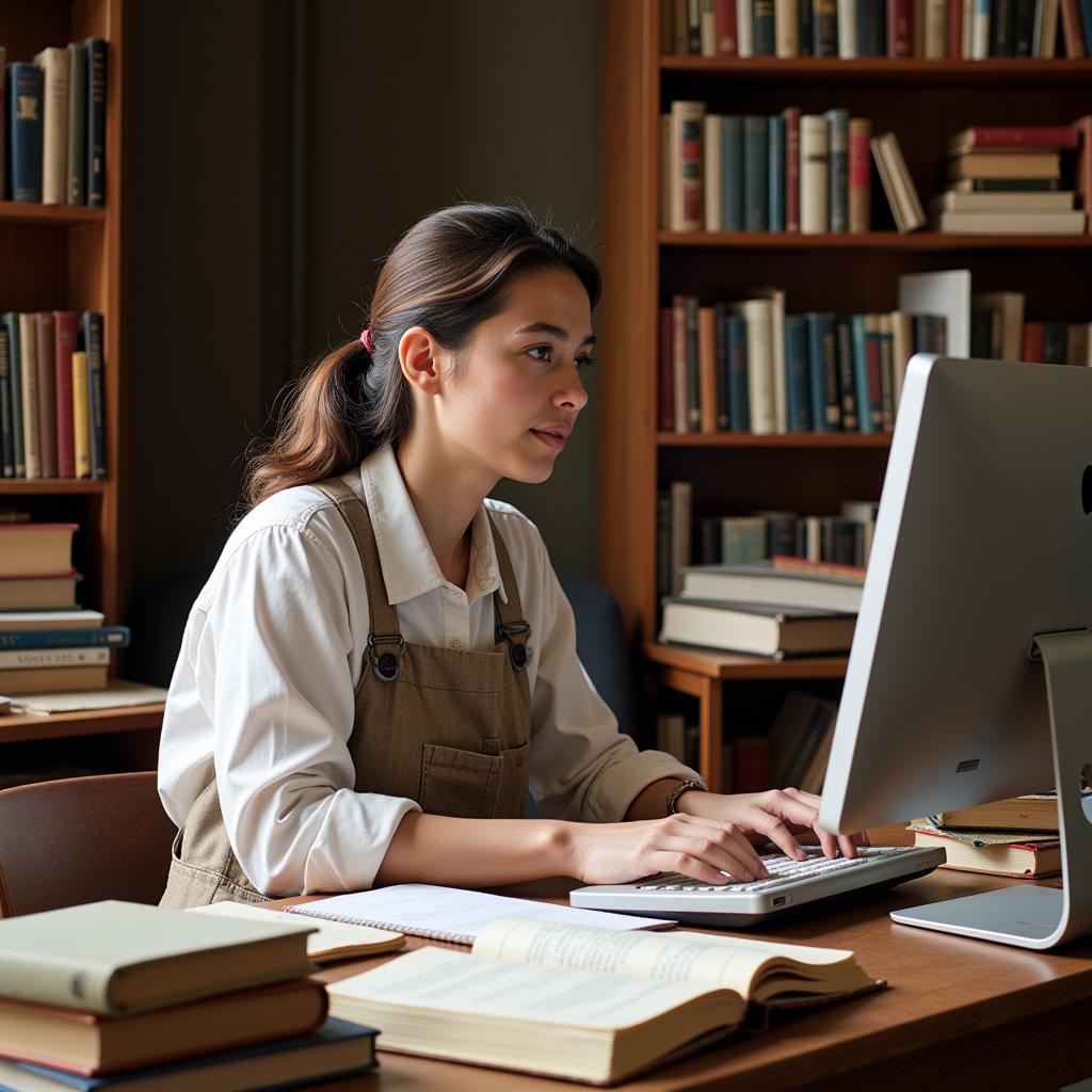 A history researcher sits at a desk with a computer, surrounded by books and notes.