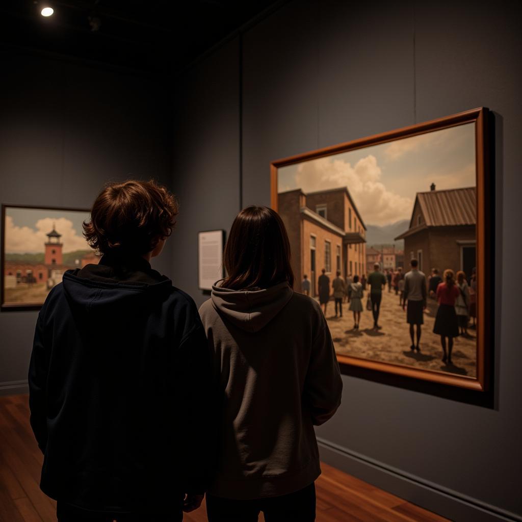 Students observing artwork in a Holocaust museum exhibition