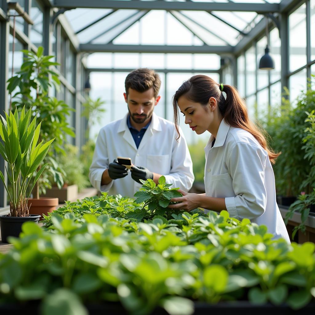 Horticulture researchers working in a greenhouse