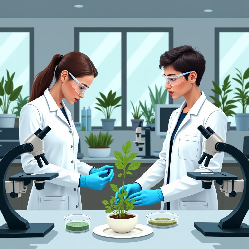 Scientists conducting experiments in a horticulture research laboratory