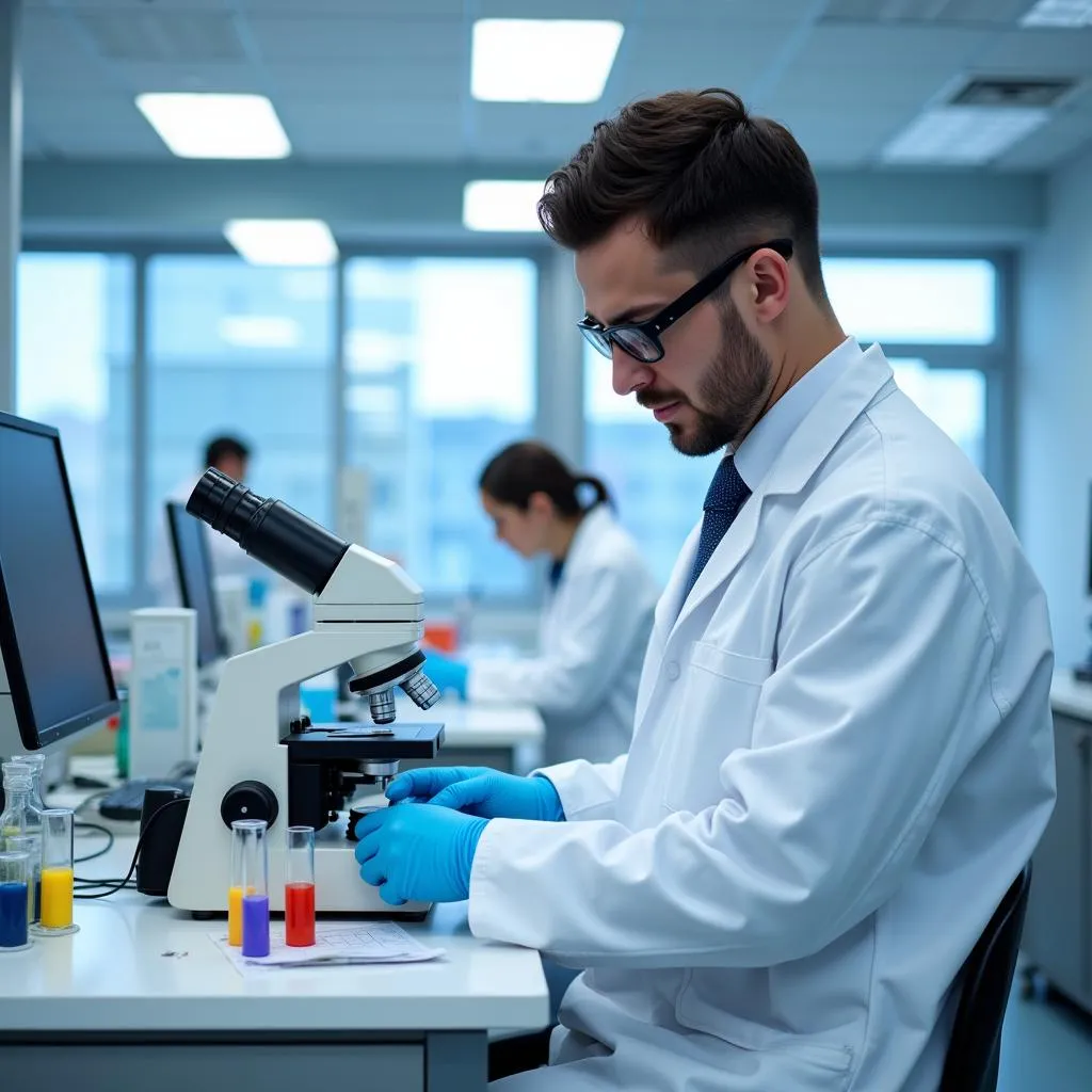 Hospital research scientist analyzing samples in a laboratory