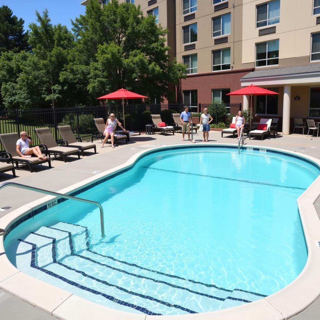 Inviting hotel outdoor pool with lounge chairs