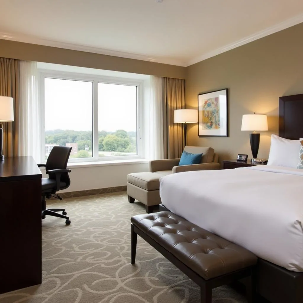 Spacious hotel room with a king-size bed and a dedicated work desk