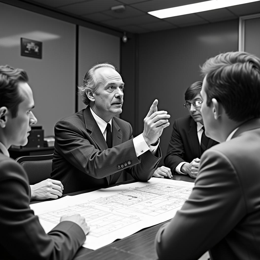 Howard Hughes leading a meeting at his research lab