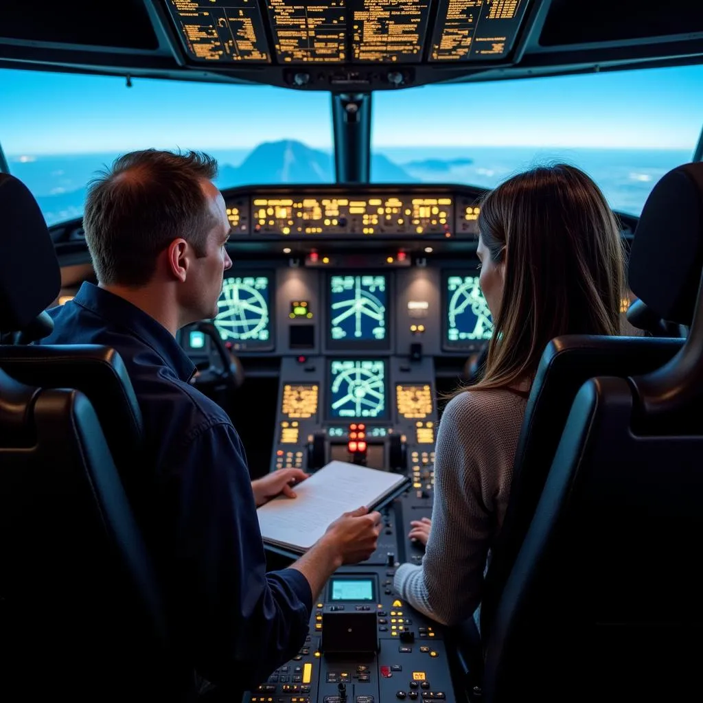 Human factors psychologist observing pilot in flight simulator