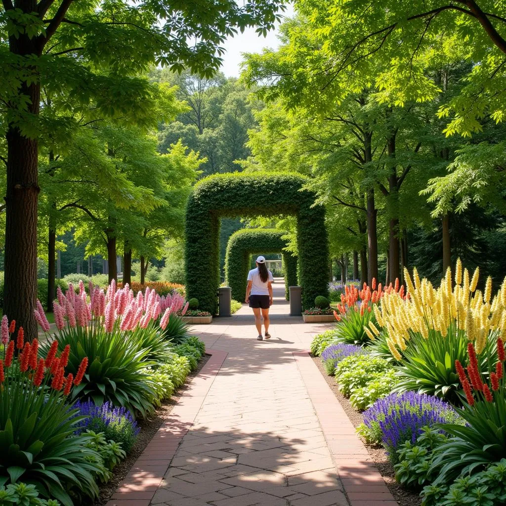 A serene pathway winding through lush greenery at the Huntsville Botanical Garden