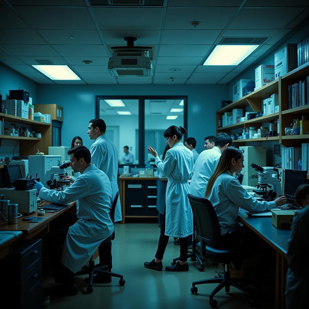 Scientists conducting experiments in a hybrid research center lab