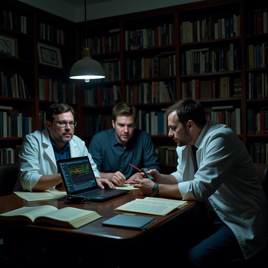 Researchers using various equipment and analyzing data in a library