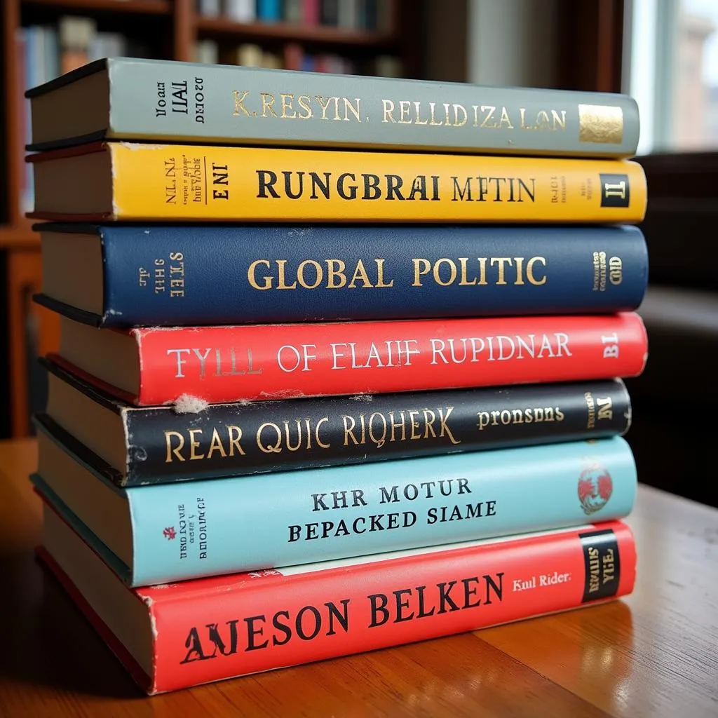 Stack of books related to international relations