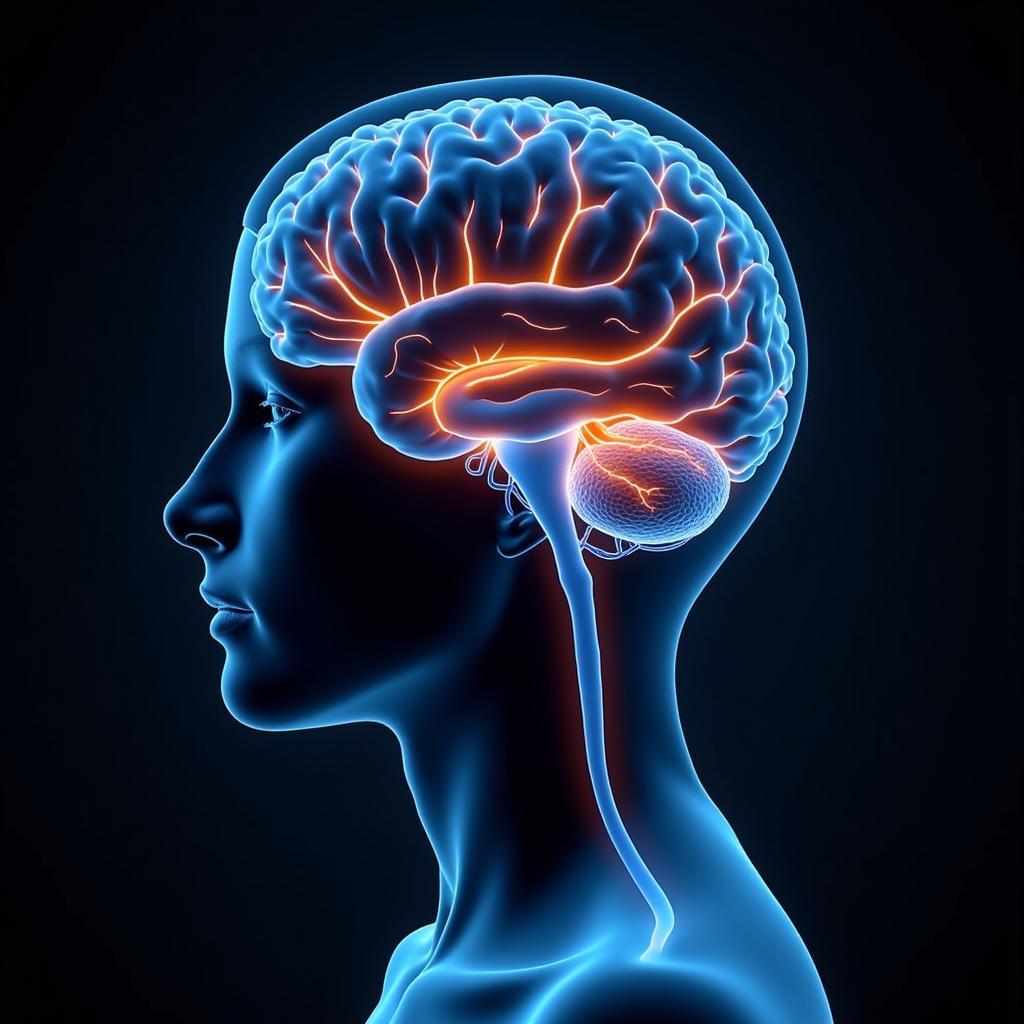 Brain with dopamine pathways highlighted