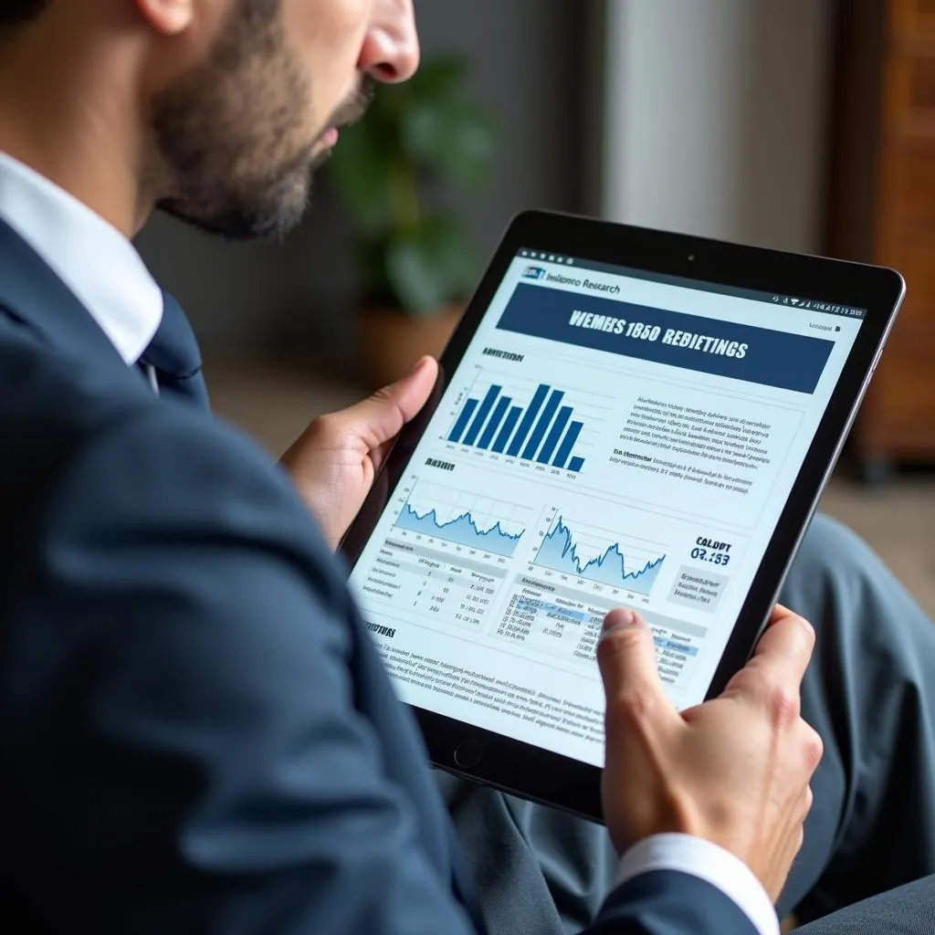 Investor engrossed in reading a Jim Bianco Research report on a tablet in a modern office setting