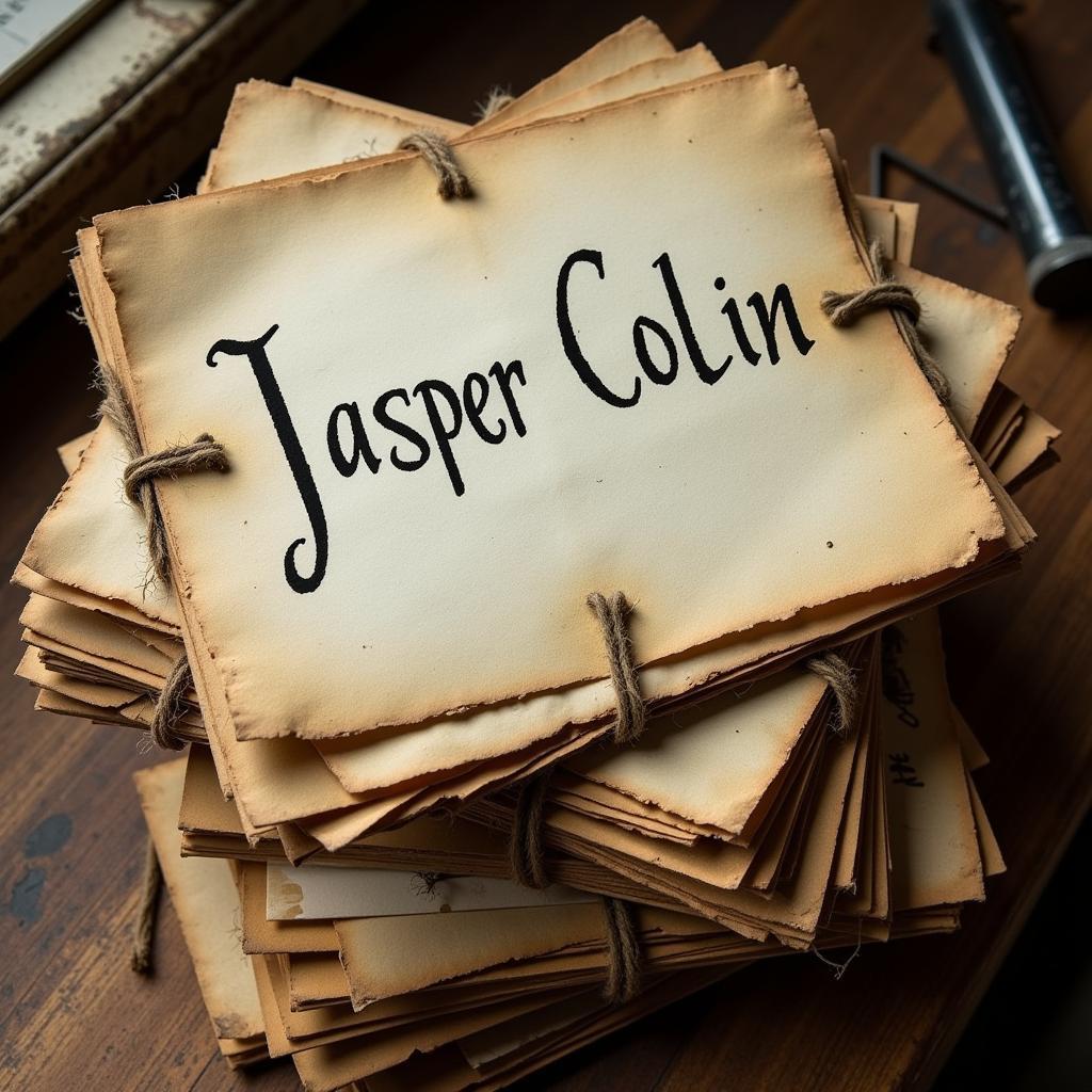 Stack of aged research papers with the name "Jasper Colin" handwritten on the side.