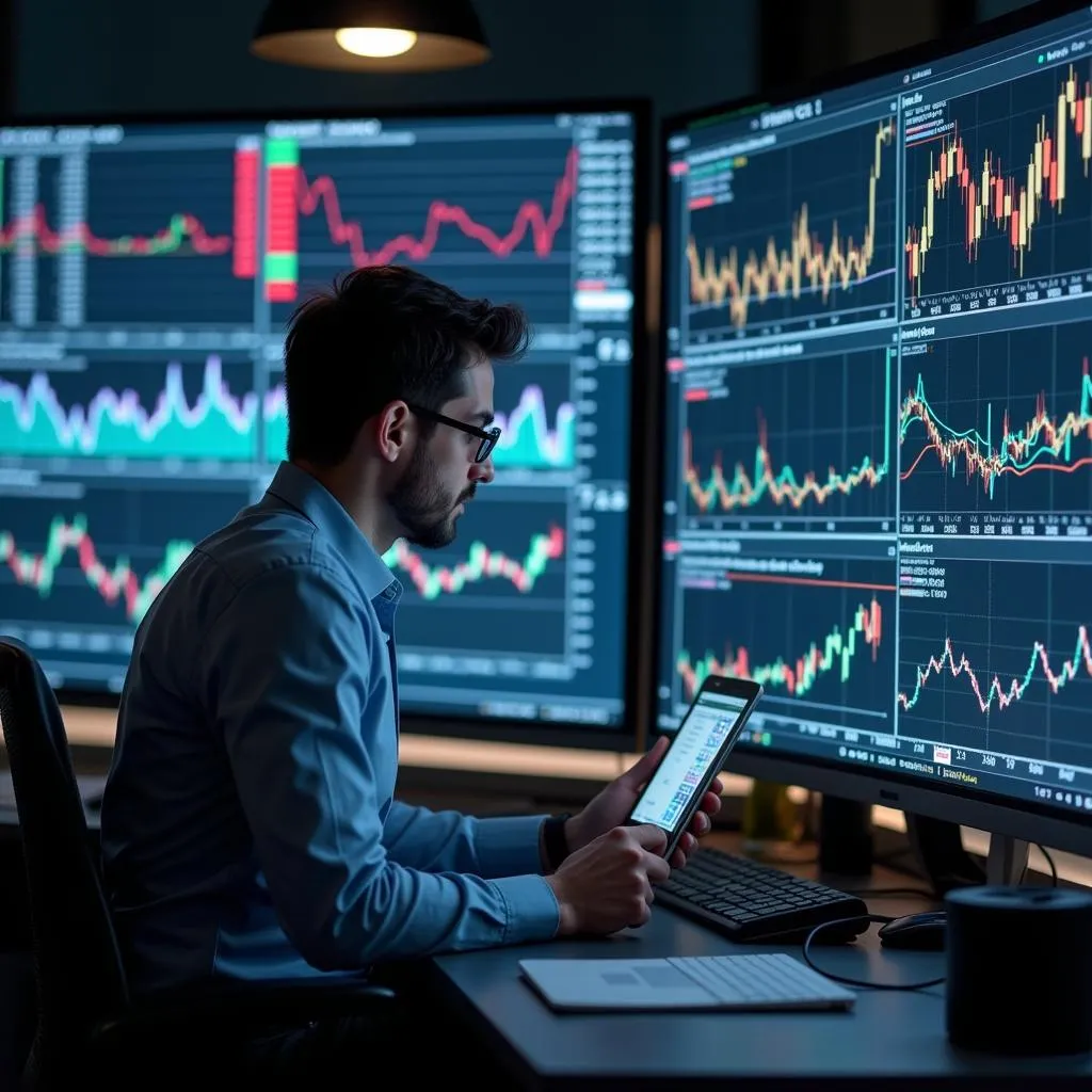 Financial analyst meticulously studying charts and graphs