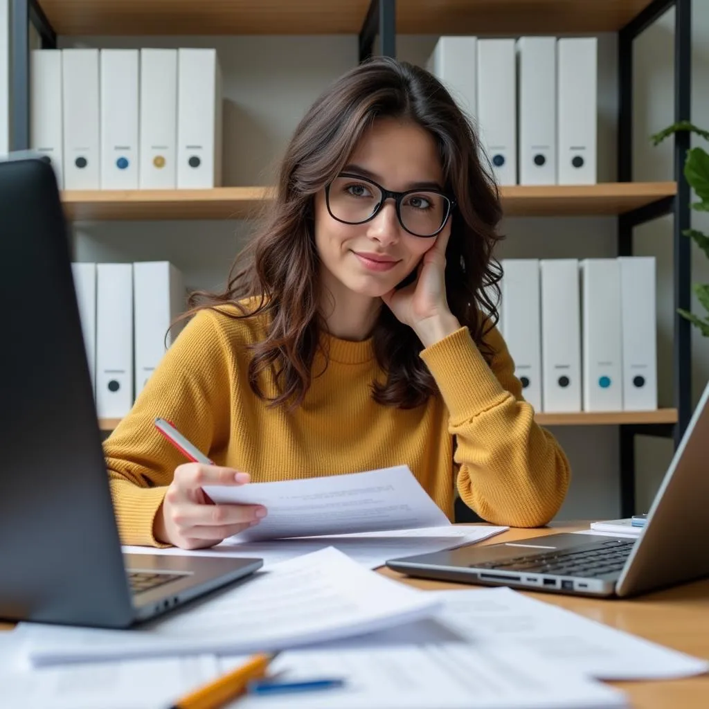 A job candidate diligently prepares for a research interview, reviewing notes and practicing their answers