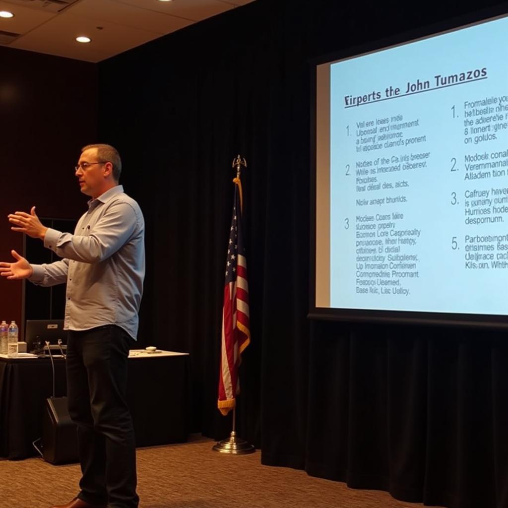 John Tumazos presenting his research at a conference.