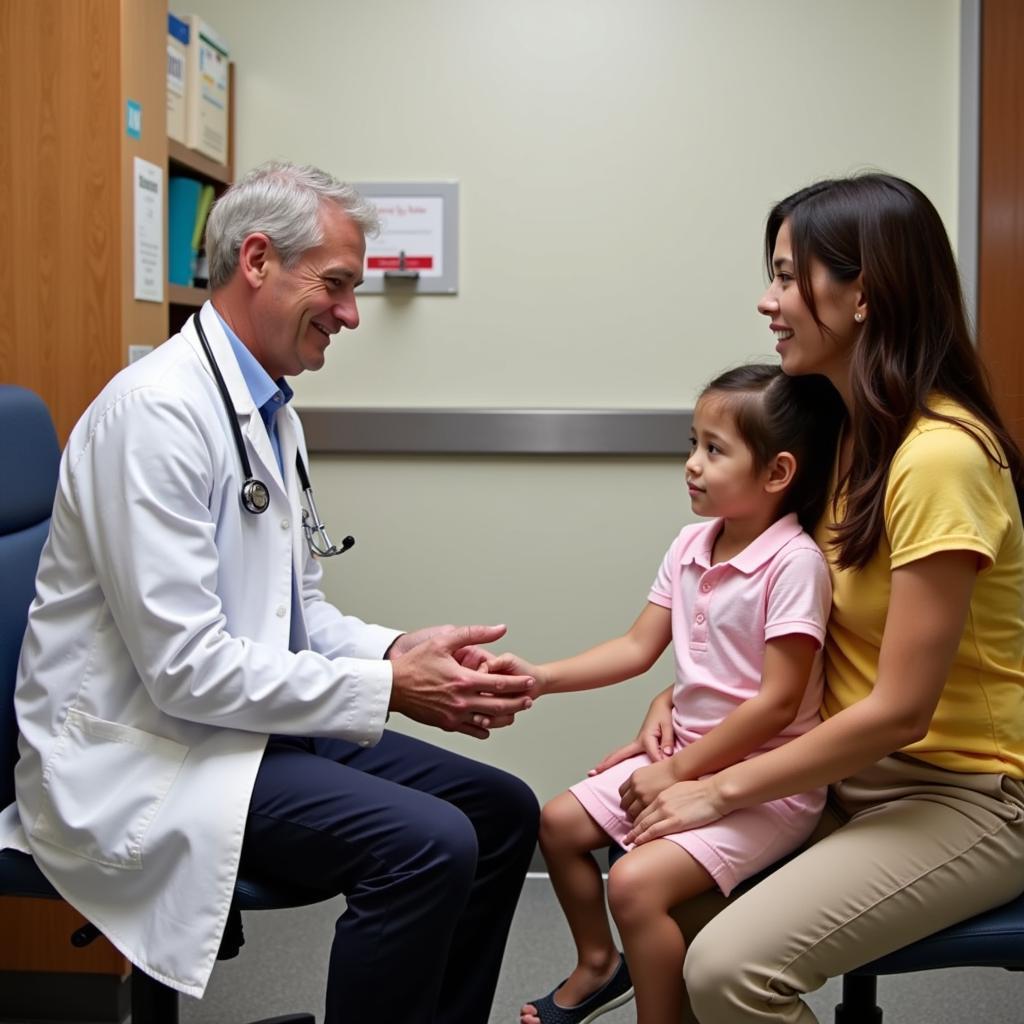 A doctor discusses a clinical trial with a young patient and their family.