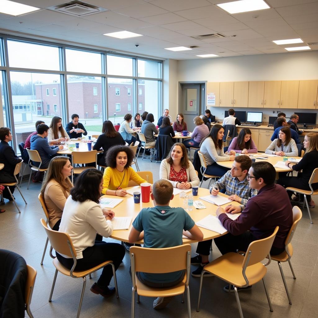 Students and faculty interact in a modern education center at Johns Hopkins All Children's Hospital.