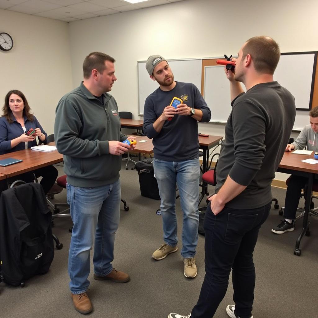 Participants engaged in a paranormal investigation workshop