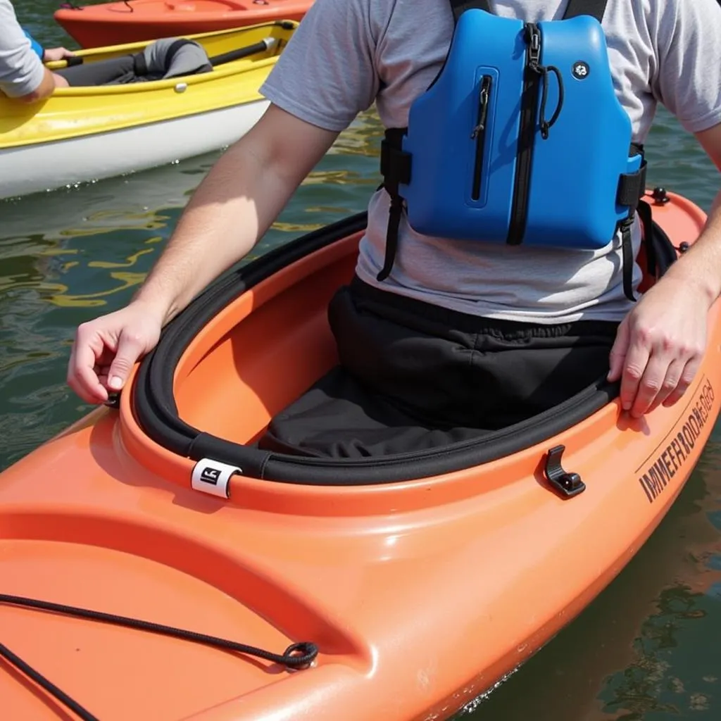 Kayaker demonstrating how to wear an Immersion Research spray skirt