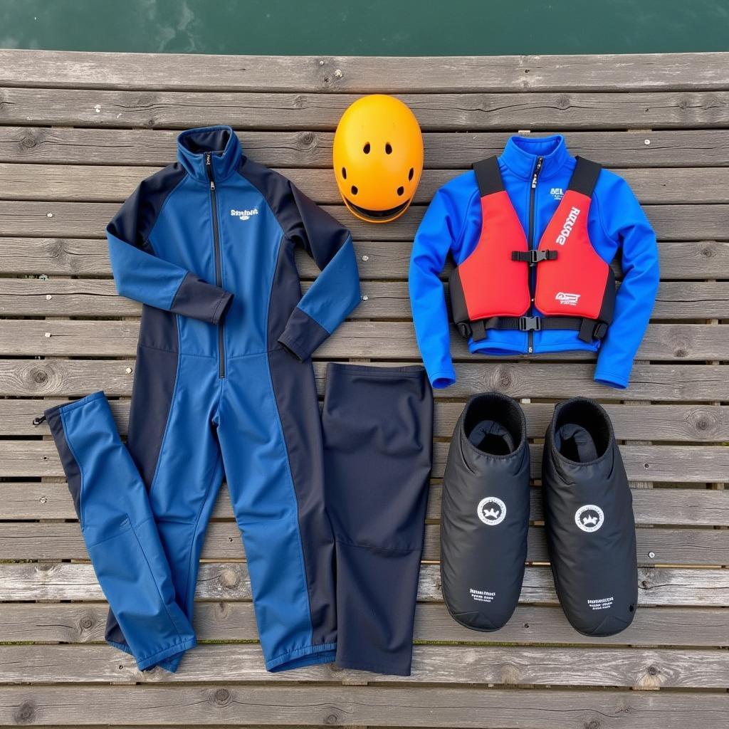 Kayaking gear for cold weather laid out on a wooden dock