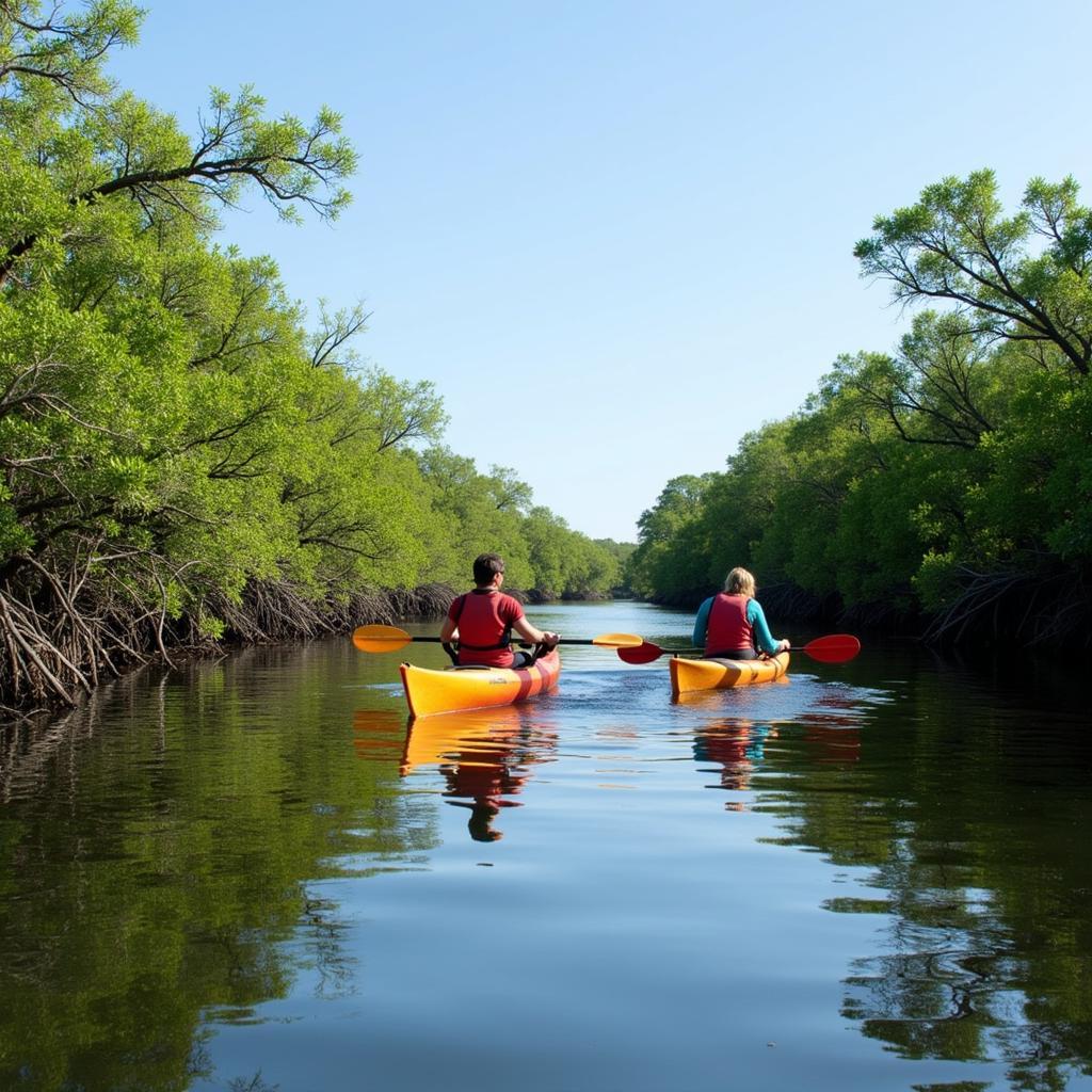 Kayakers paddling through a tranquil creek in GTM Reserve