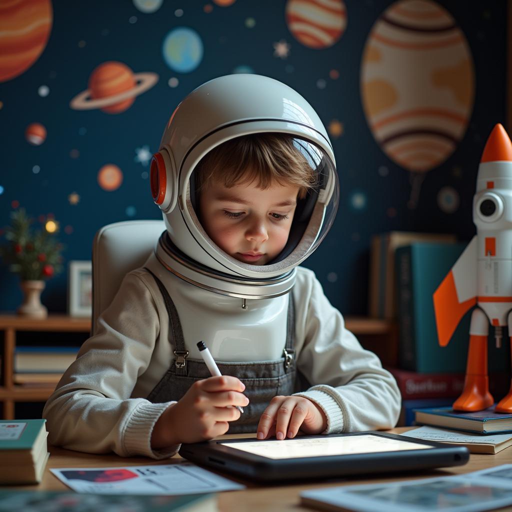 Kid Dressed as Astronaut Researching Space