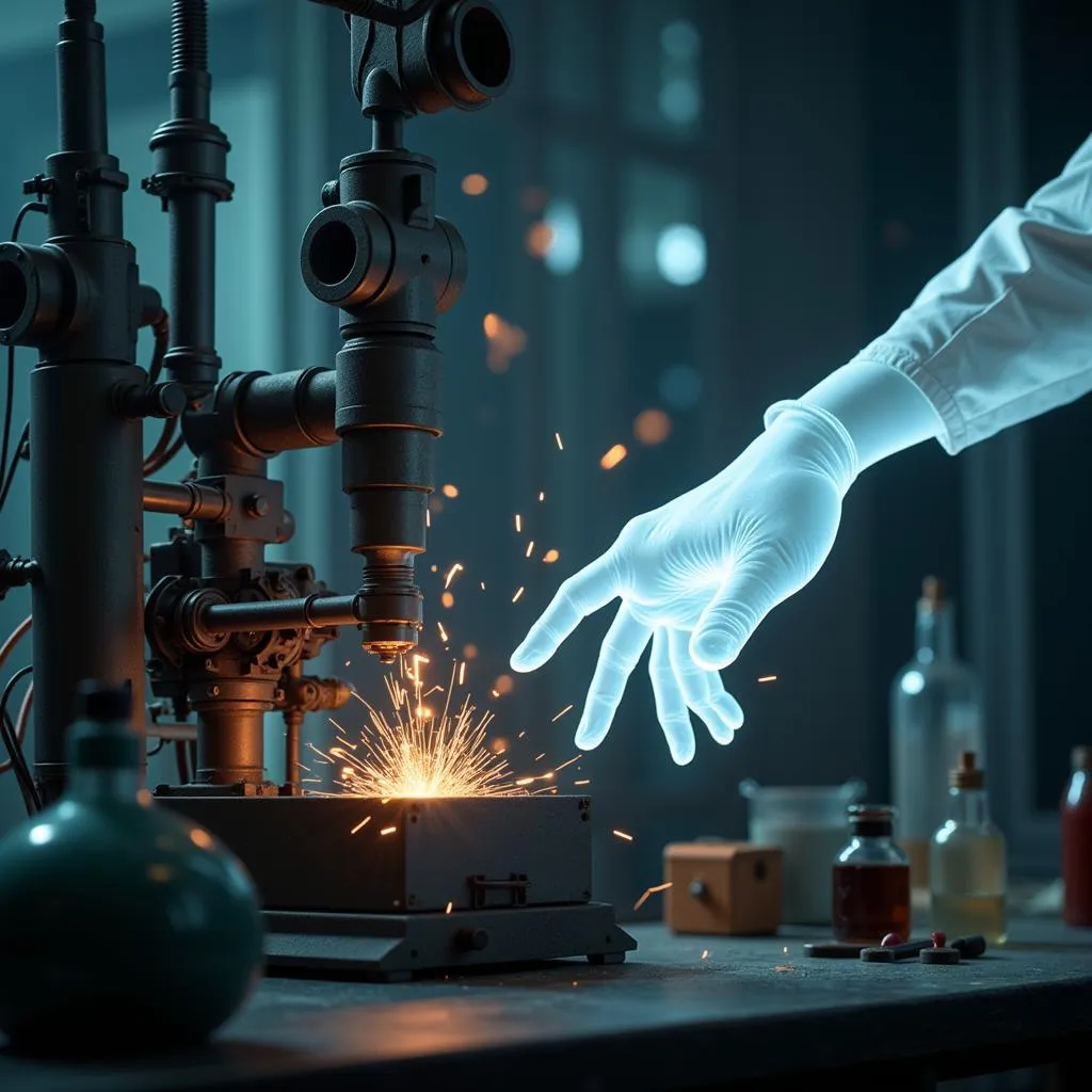 Close-up of a scientist's hand reaching for a malfunctioning piece of lab equipment, with a ghostly hand subtly reaching out from the equipment