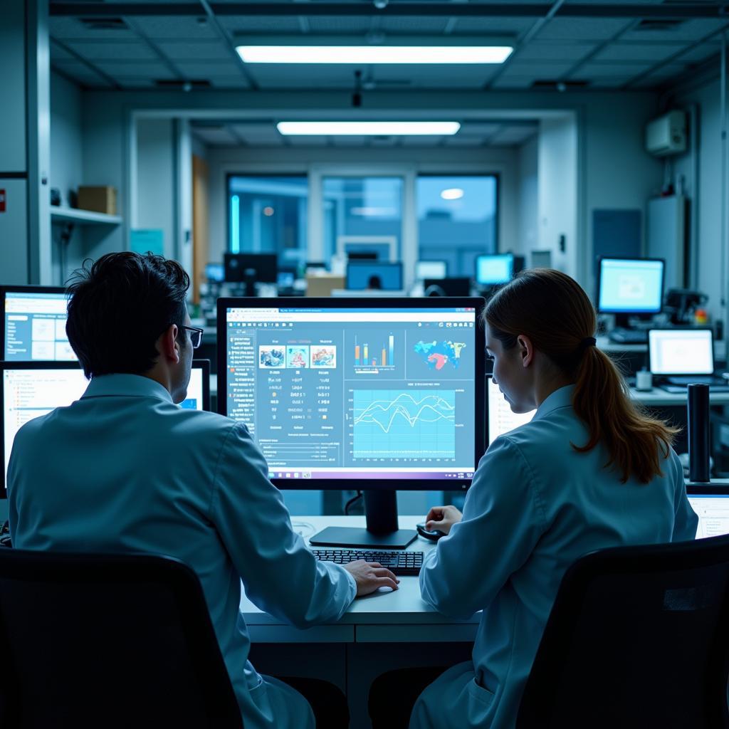 Researchers analyzing data in a laboratory setting