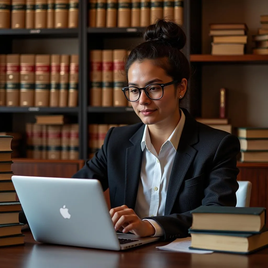 Law Student Using Books and Digital Database