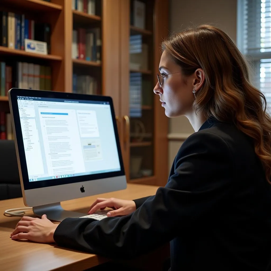 A lawyer deeply engrossed in legal research using a computer